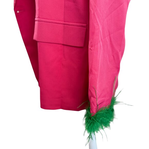 NWT PrettyLittleThing Hot Pink Oversized Blazer with Green Feather Cuffs - Picture 4 of 7